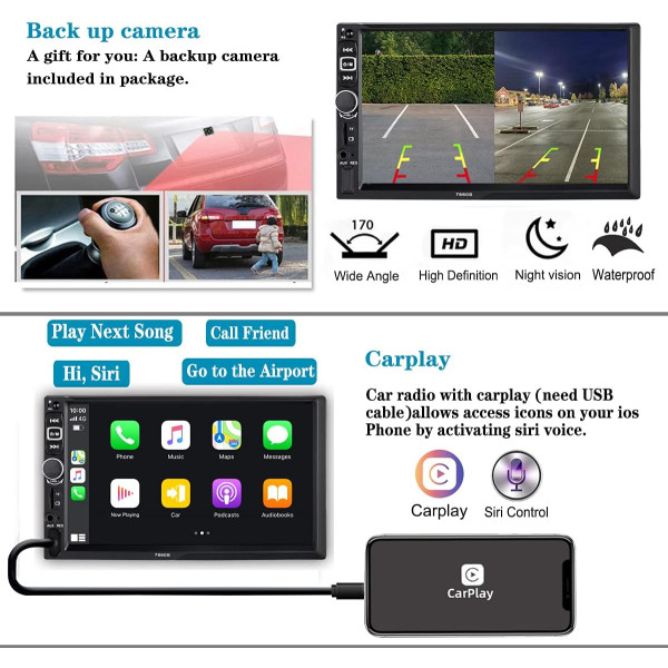 Radio estéreo de coche doble DIN compatible con Apple Carplay y Android  Auto, pantalla táctil HD de 7 pulgadas con control de voz, Mirror Link,  cámara